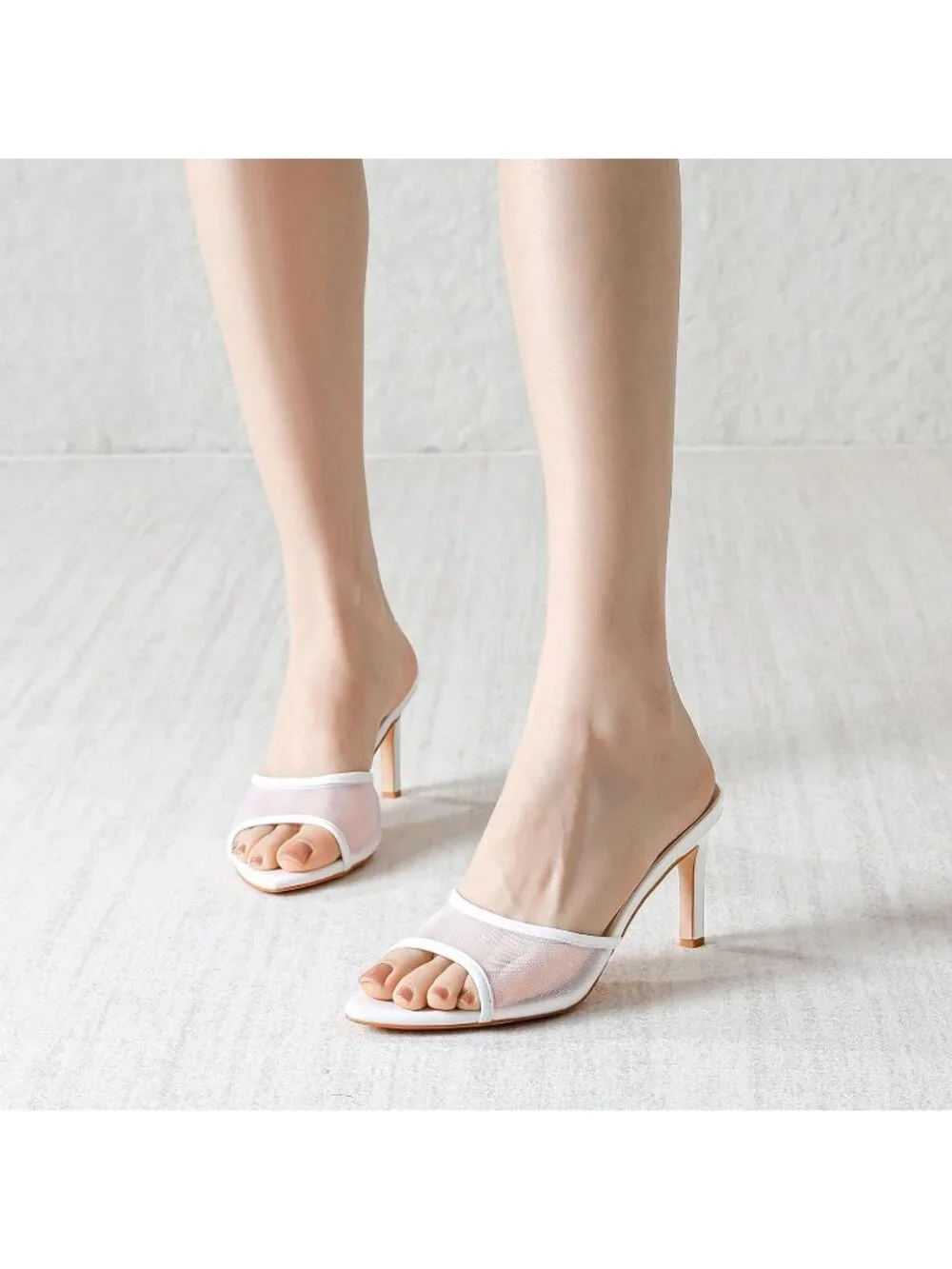 Women's White Mesh Summer Mule High Heels Slip on Pointed Open Toe Sexy Heeled